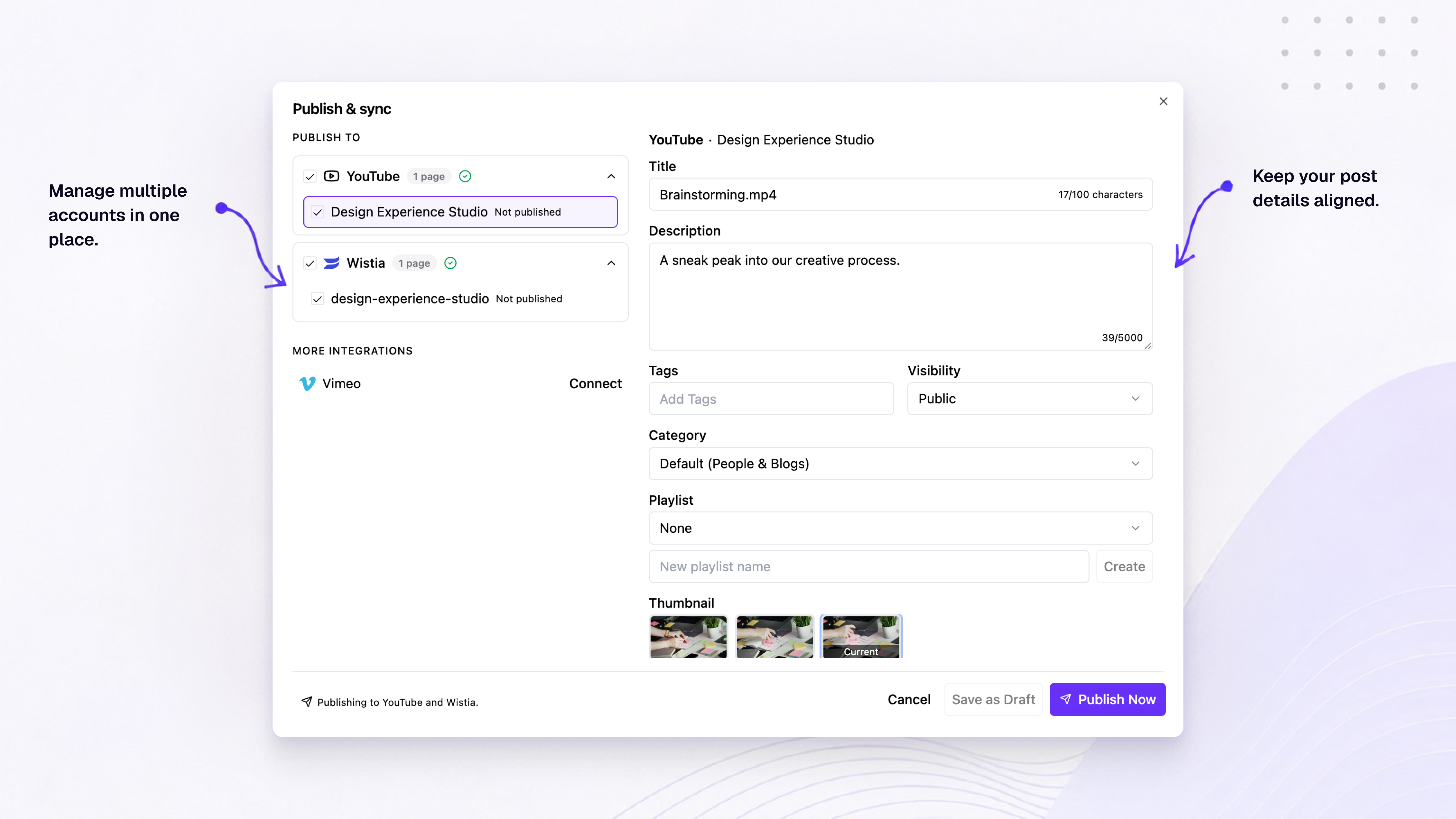 Publish & sync dialog in GoDAM Central listing YouTube, Vimeo and Wistia accounts to publish to, with the title and description for the selected account.