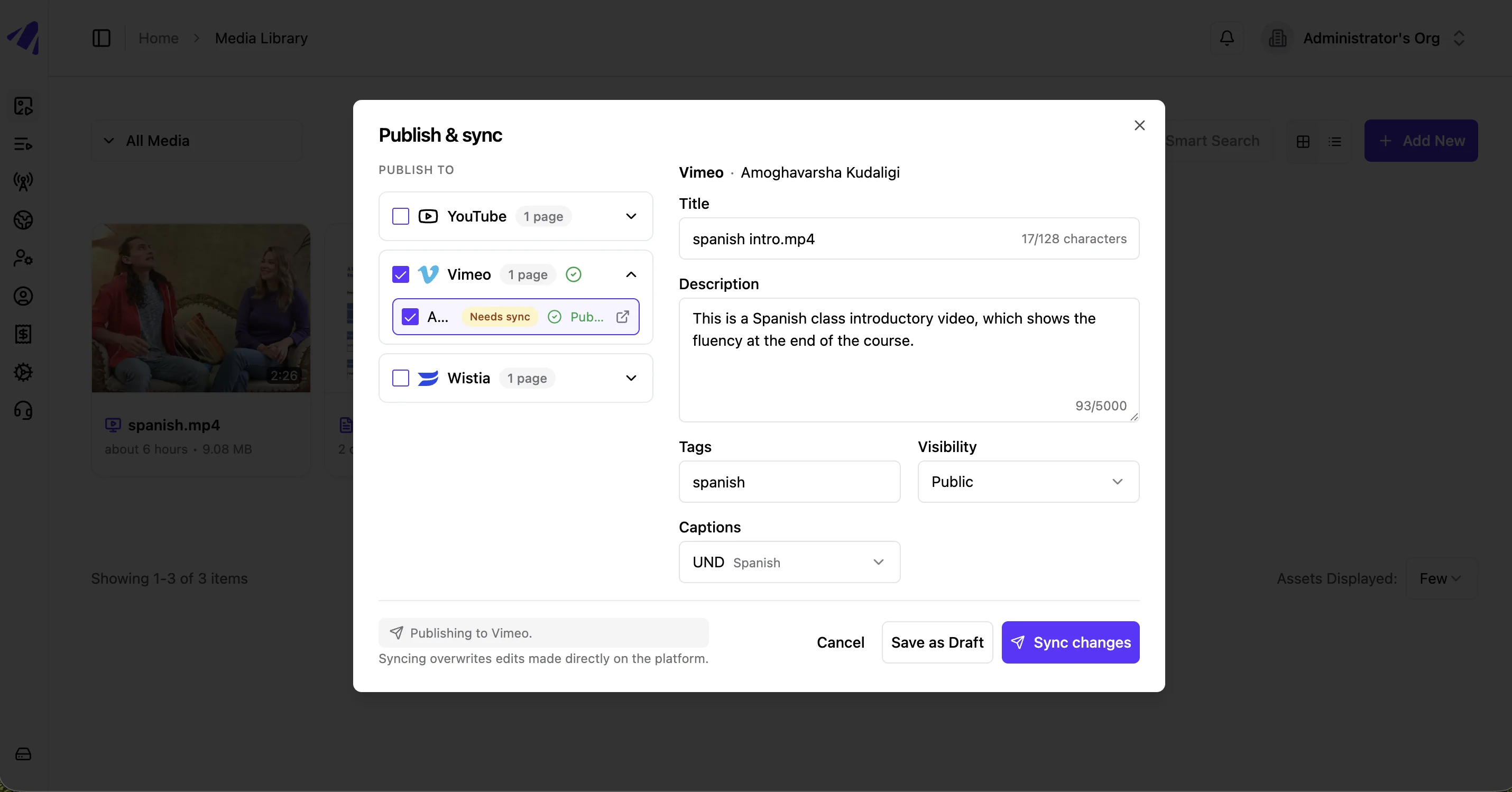 Screenshot depicting the GoDAM media syndication publish modal.
