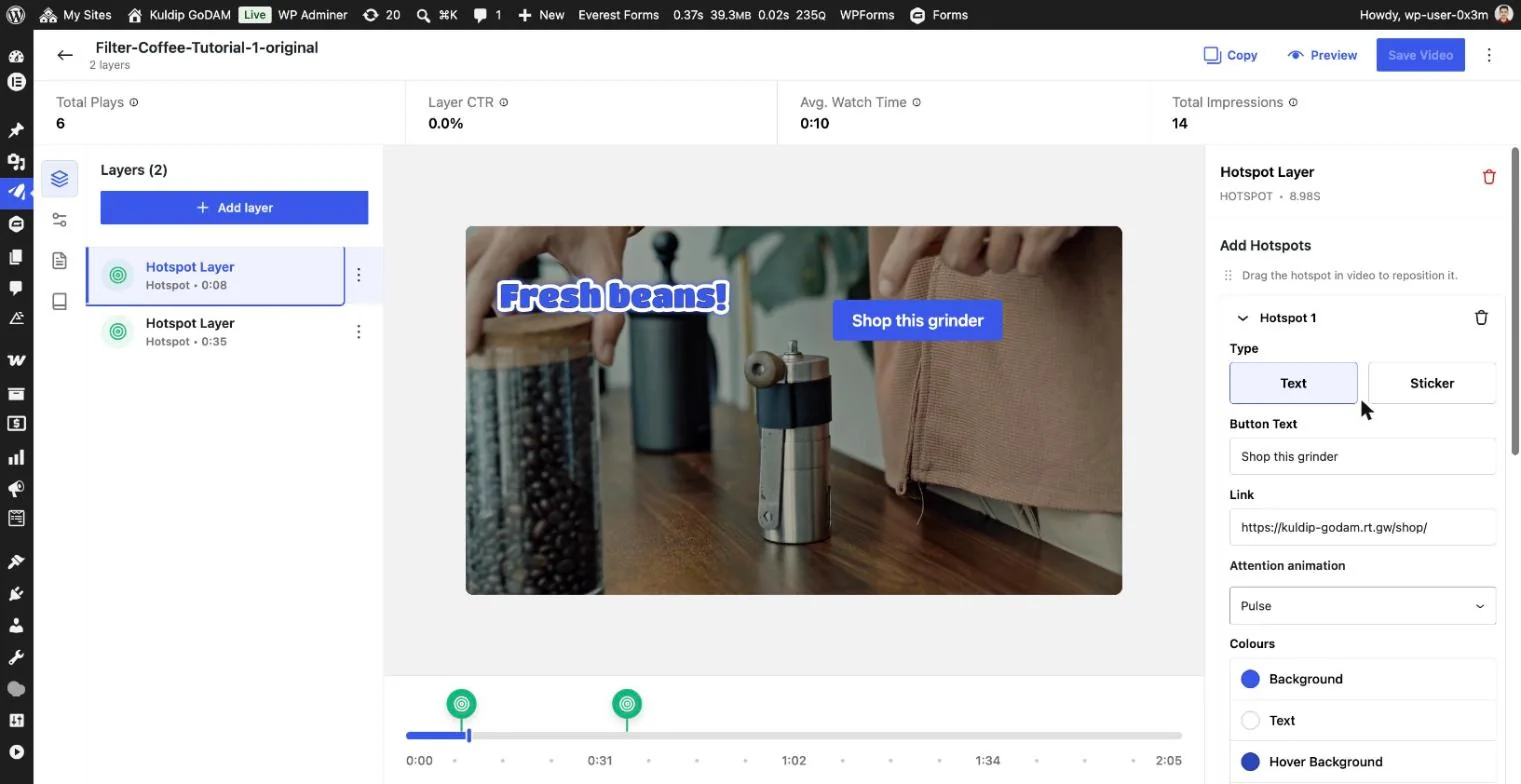 The GoDAM Media Editor with two Hotspot layers on the timeline and a Button-style layer selected