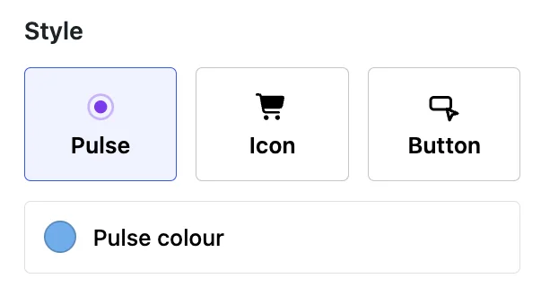 The Style picker with Pulse, Icon and Button options, and the Pulse colour setting