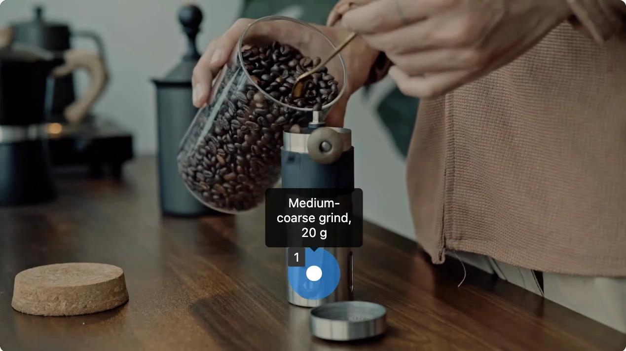 A Pulse hotspot on the video, with the tooltip "Medium-coarse grind, 20 g"