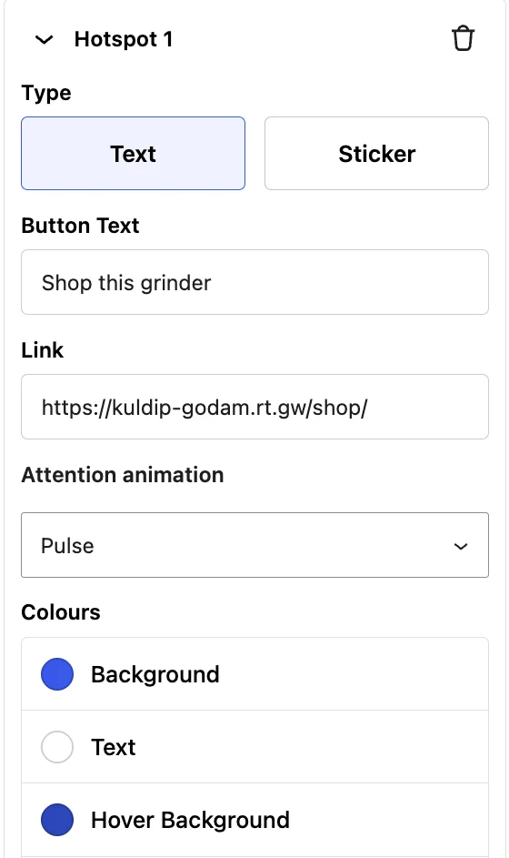 Hotspot settings for a Text button: Type, Button Text, Link, Attention animation and Colours
