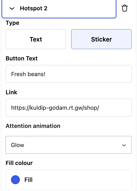 Hotspot settings for a Sticker: Type, Button Text, Link, Attention animation and Fill colour
