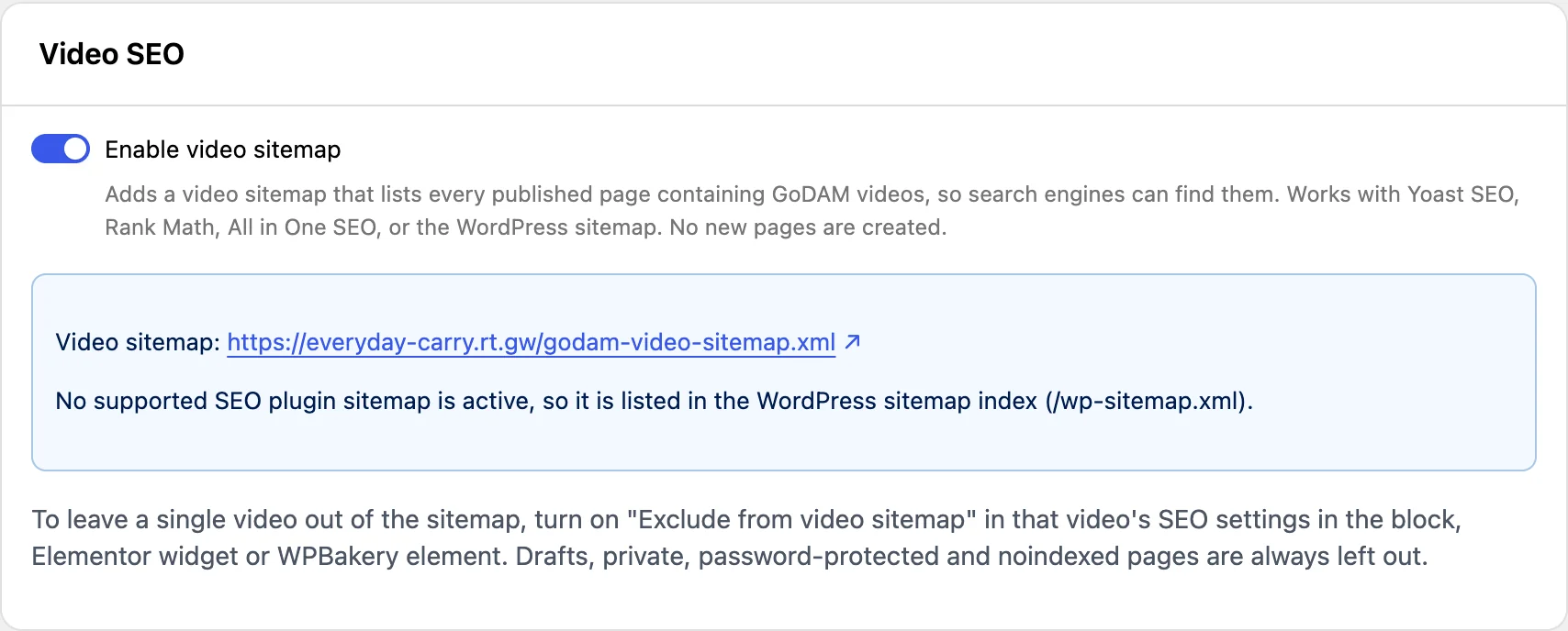 GoDAM settings, SEO tab: the Enable video sitemap switch is on, with the sitemap link shown below it