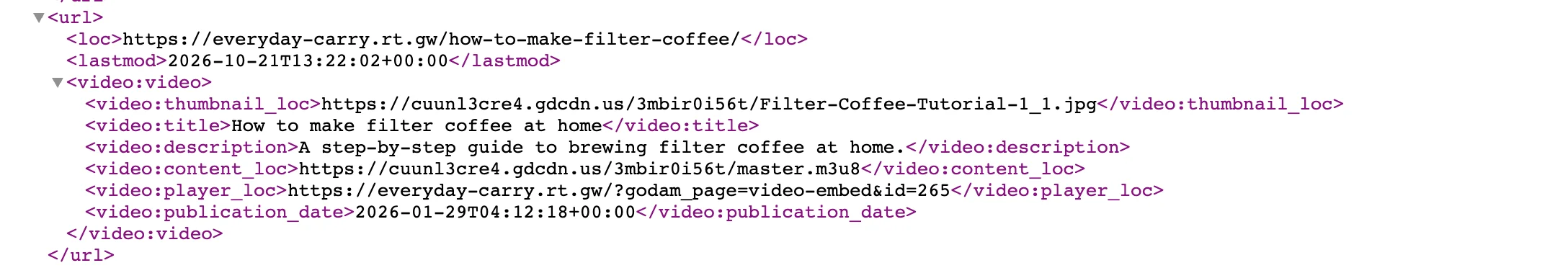 The video sitemap open in a browser, showing one page with its video title, description, thumbnail, video link and player link