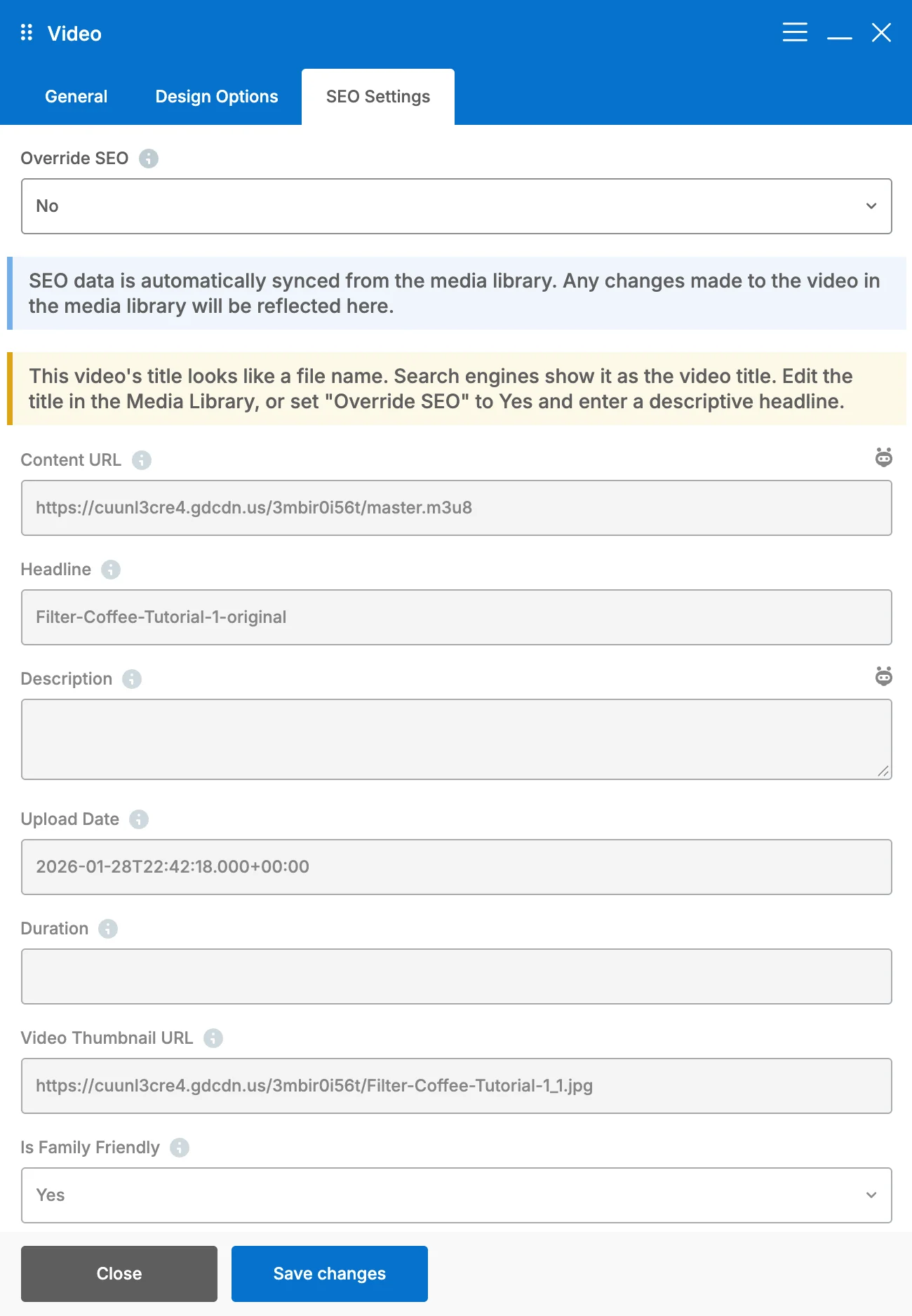 The WPBakery GoDAM Video element's SEO Settings tab with Override SEO, a file-name title warning and the full set of SEO fields