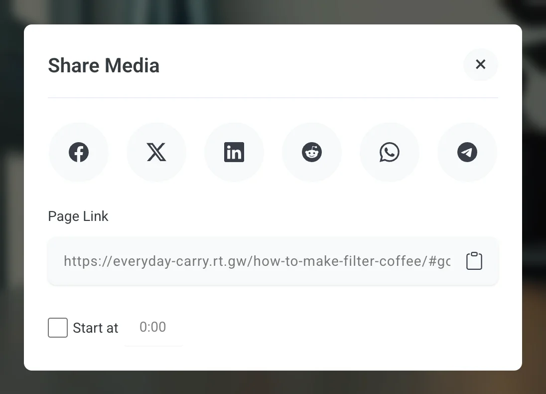 The GoDAM share popup with social buttons and a single Page Link field