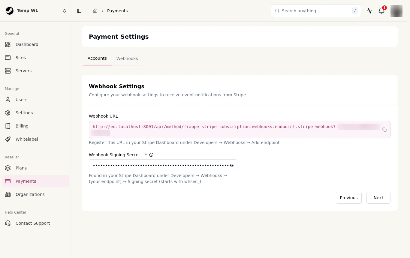 The Webhook Settings step, with the URL to register in Stripe and the signing secret to paste back