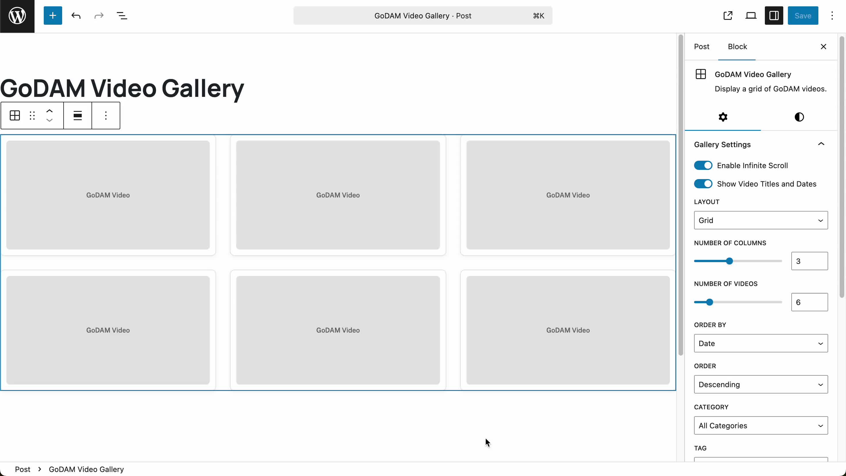 GoDAM Gutenberg video gallery