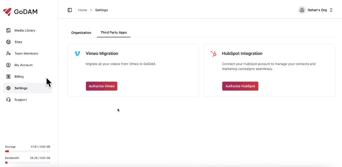 Vimeo integration on GoDAM Central