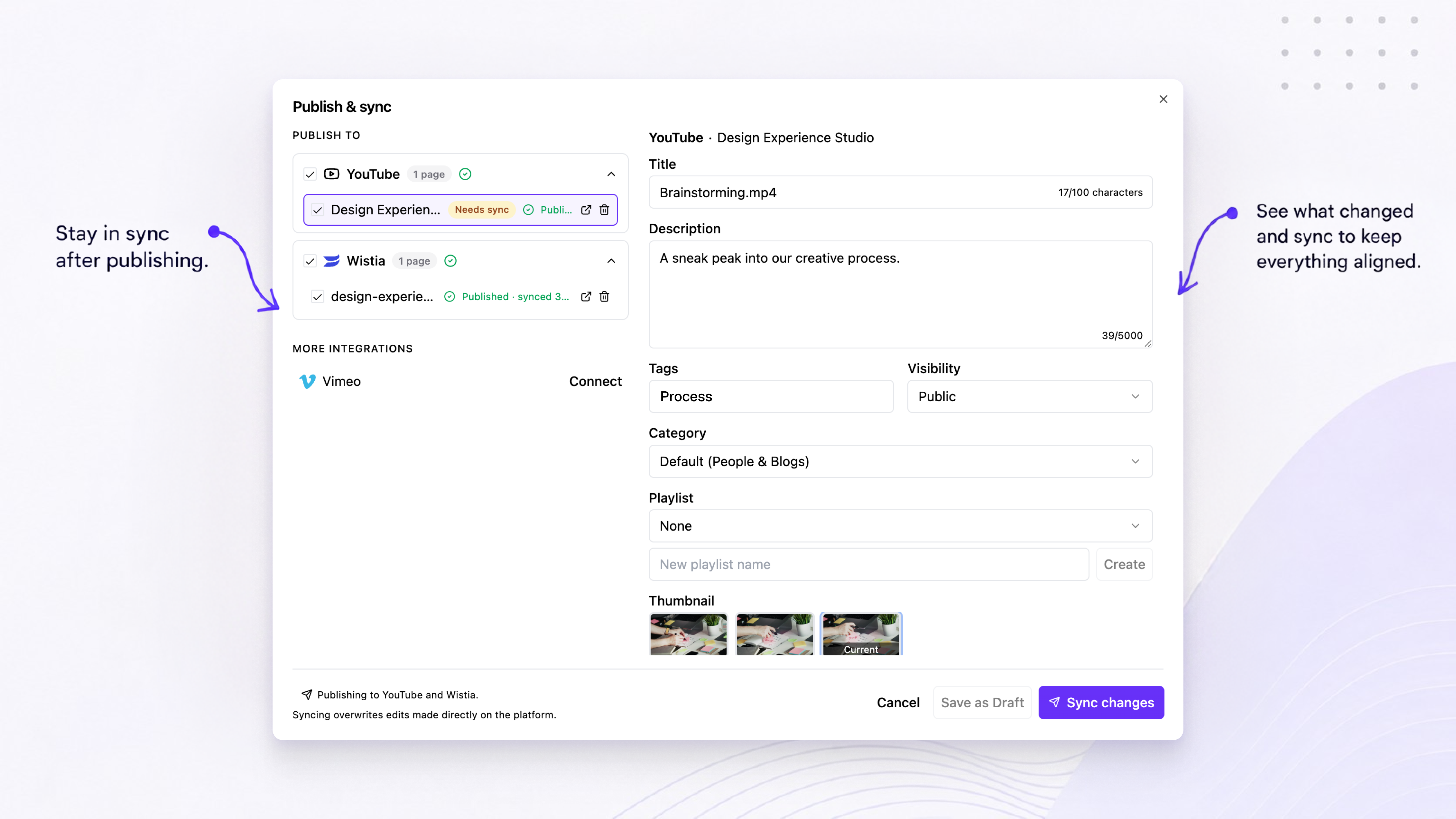 GoDAM Central asking whether to keep its values or pull the platform’s changes before syncing a published video.